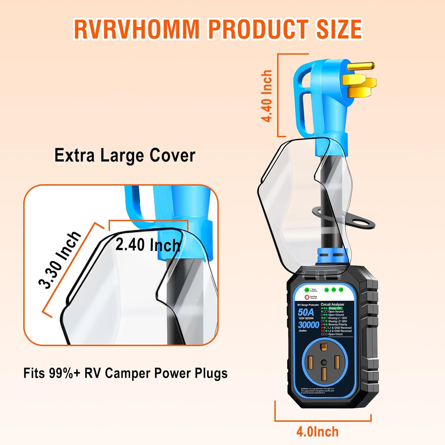 30000J 50Amp RV Surge Protector 50 Amp Flag Design - Upgraded Power Surges Voltage Protection Circuit Analyzer IP68 Waterproof Cover for 50A RVS Camper Trailer Must Haves (50Amp, Blue)