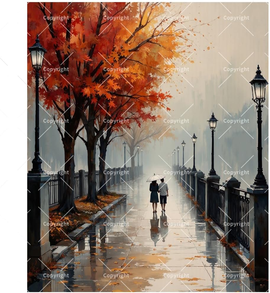 Autumn Walkway Paint by Numbers Kit for Adults - DIY Couple with Umbrella Painting on Canvas, Acrylic Paint Set, Suitable for Beginners, Art for Home Decoration or Gifts(16X20IN Framed)