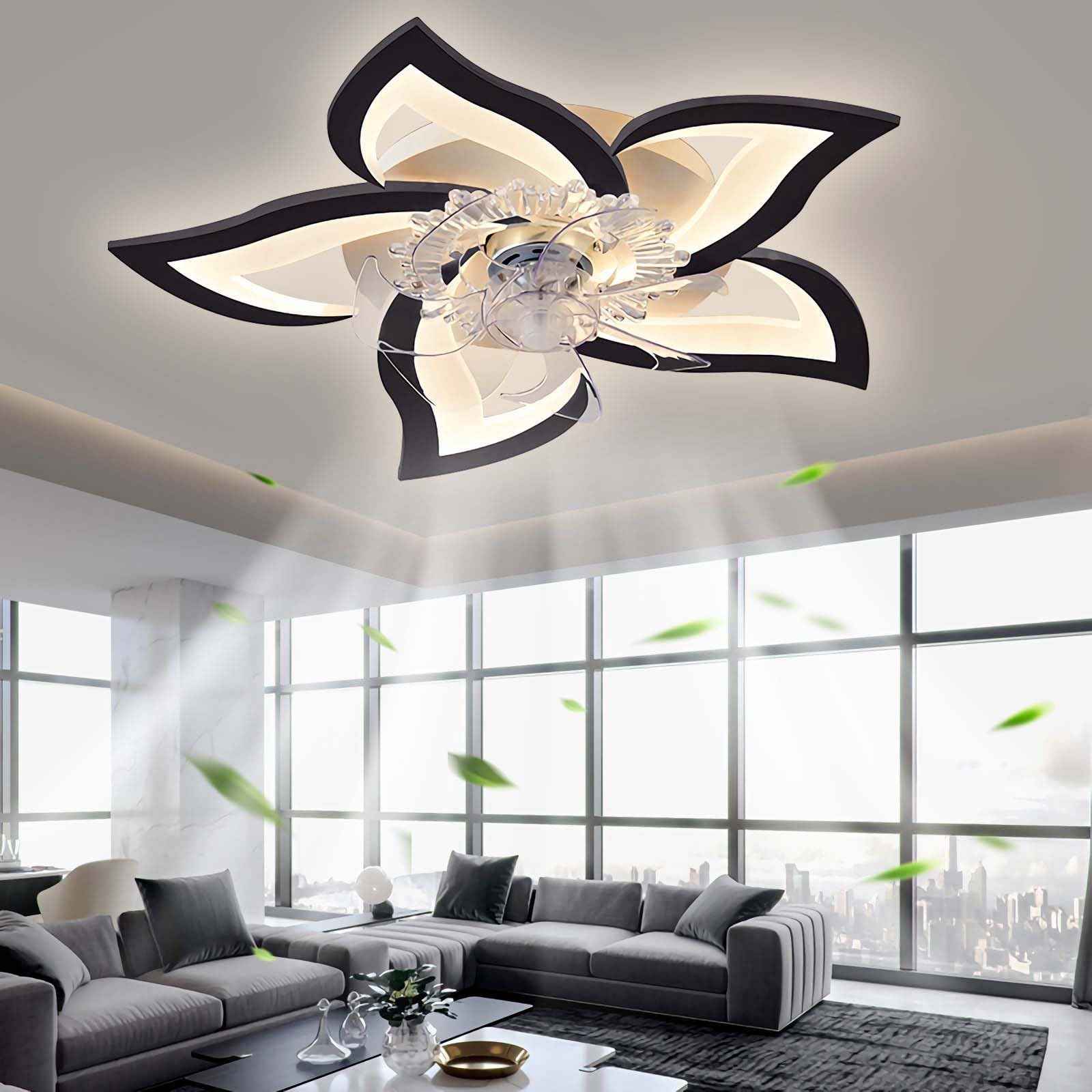 YUNZI LED 50W Ceiling Fan with Light and Remote Control, 69CM Indoor Dimmable Fan Ceiling Lamp for Living Room Bedroom Dining Room Lighting, 6 Speeds, Eye Protection Light, Black