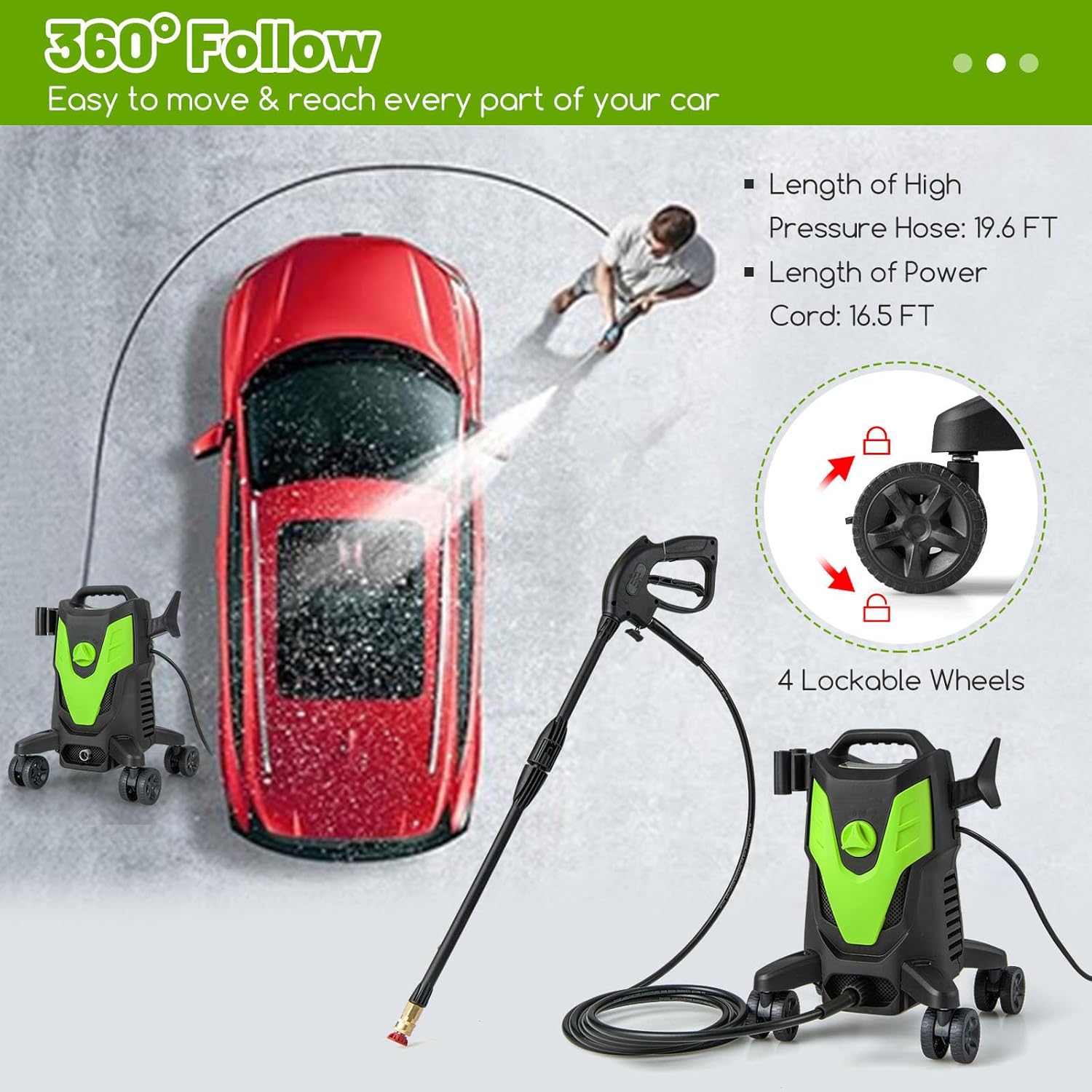 Goplus Electric Pressure Washer, 2400 PSI 1.7 GPM High Pressure Power Washer w/4 Quick Nozzles & Universal Wheels, Portable Pressure Washer IPX5 Car Wash Machine, Cleaning Garden Car Floor (Green)