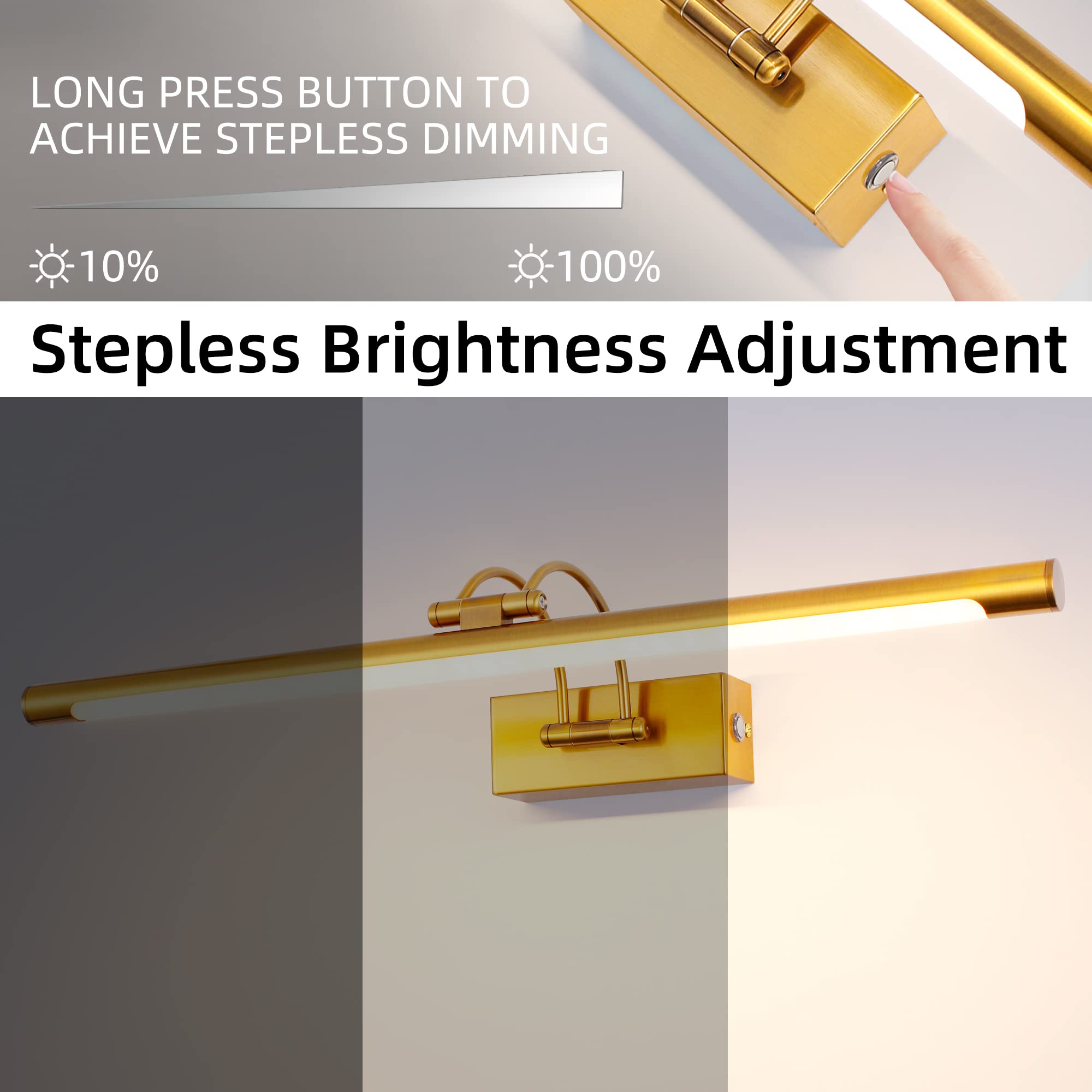 Lampe de miroir LED salle de bain 60 cm 12W 3 températures de couleur intensité variable interrupteur tactile pour Tableaux et Vitrines Laiton
