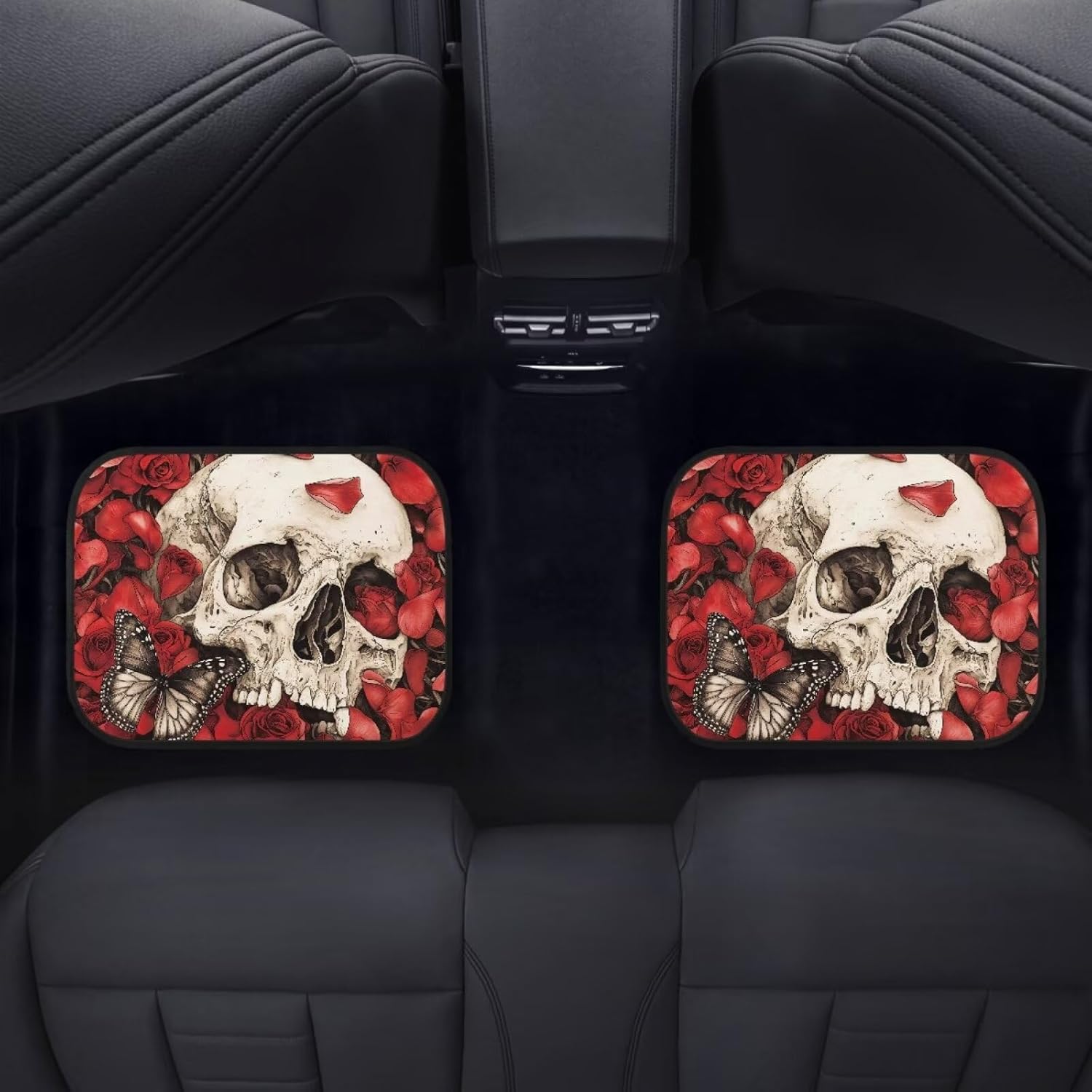 White Skull Red Rose Butterfly Pattern 4 Pcs Car Floor Mat Set, Vehicle Front Floor Mats Auto Interior Accessories Protection for Car SUV Van Truck