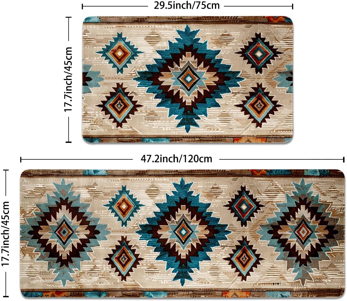 Navajo Kitchen Rugs Set of 2, Geometric Farmhouse Style Kitchen Mats with Rubber Backing Non Skid Washable, Southwestern Kitchen Decorations (17" x 29 + 17" x 47") - Image 3
