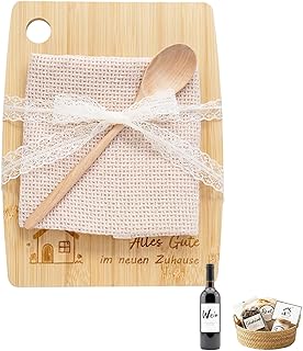 Geschenk zum Einzug – Brotkorb Set mit Holz Schneidebrett, Kochlöffel, Küchentuch & Aufklebern für Salz, Wein, Brot und Schokolade, Traditionelles Einweihungsgeschenk für Haus, Wohnung oder Richtfest