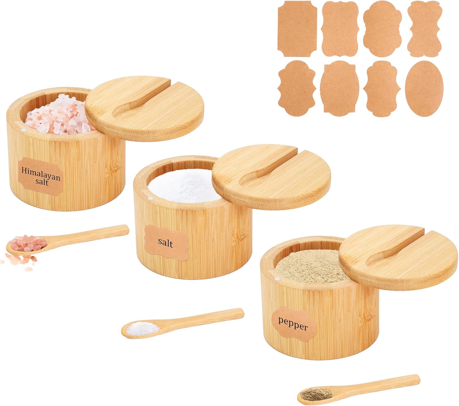3 Pcs Bamboo Salt Box with Lid & Spoon, Salt Cellar with Stickers | Salt Containers with 8pcs Label Stickers, Wooden Spice Jars for Kitchen, Storage Pepper, Sugar, Herbs, Seasonings, Swivel Lid