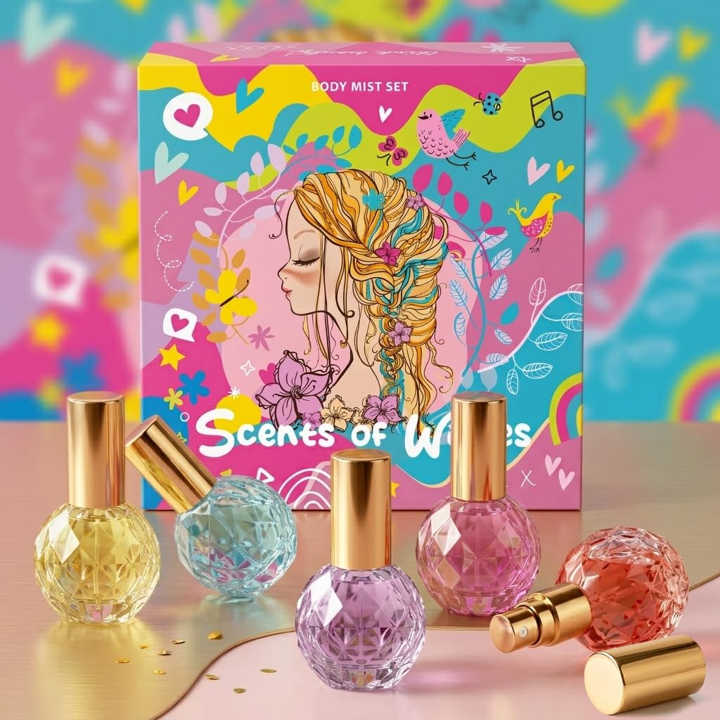 Set di Body Mist per Ragazze "Scents of Wishes" – 5 Flaconi in Vetro a Forma di Diamante con Finitura Dorata; 5 Profumi Esclusivi: Bacche, Frutti, Agrumi, Atmosfera Tropicale, Floreale