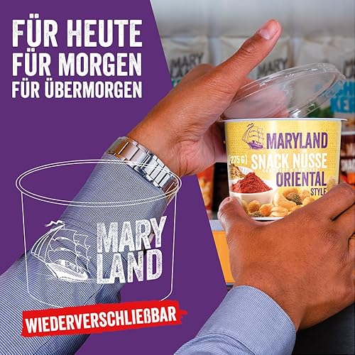 Maryland Snack Nüsse Oriental Style 275g Becher Vorratspack - Erdnüsse, Cashewkerne und Mandeln in Nussmischung - Orientalisch gewürzt - wiederverschließbarer Becher (6 x 275 g)