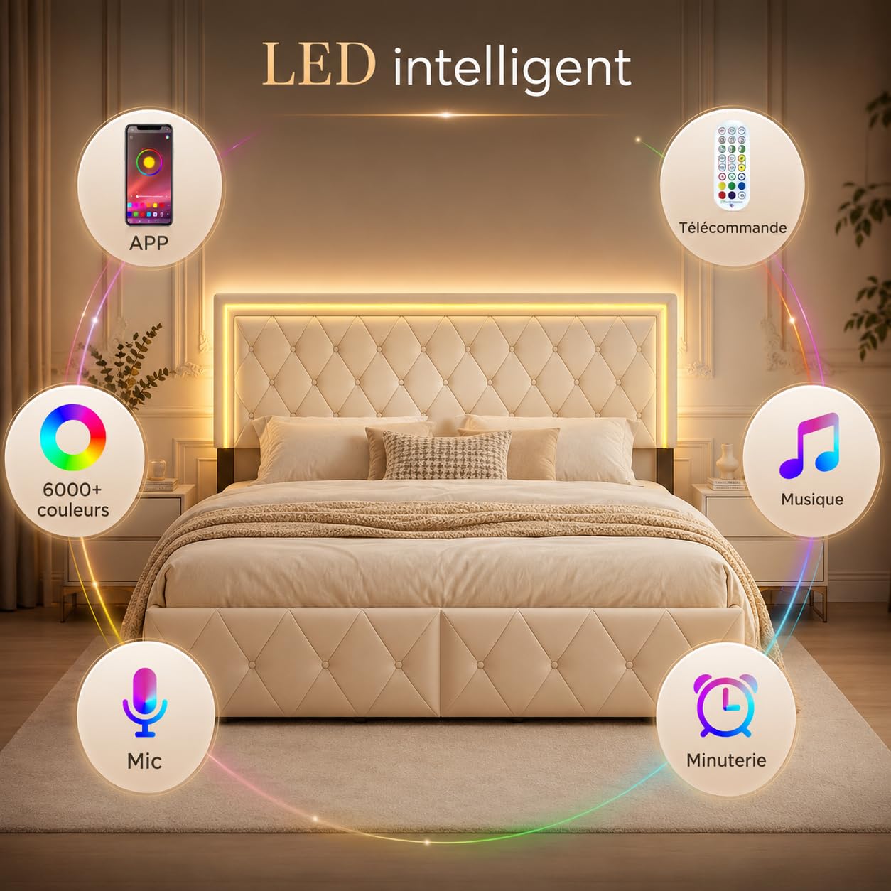 Cama doble tapizada, 160 x 200 cm - Diseño innovador, Cama de almacenamiento con 4 cajones de almacenamiento, cama para adultos con somier de listones, sin colchón, PU(blanquecino, 160 x 200 cm)