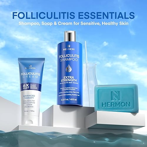 Miniatura 7 de Hermon Champú de foliculitis para el cuero cabelludo con picazón psoriasis, caspa, dermatitis seborreica y biotina - Alivia  Exfolia  Reactiva los