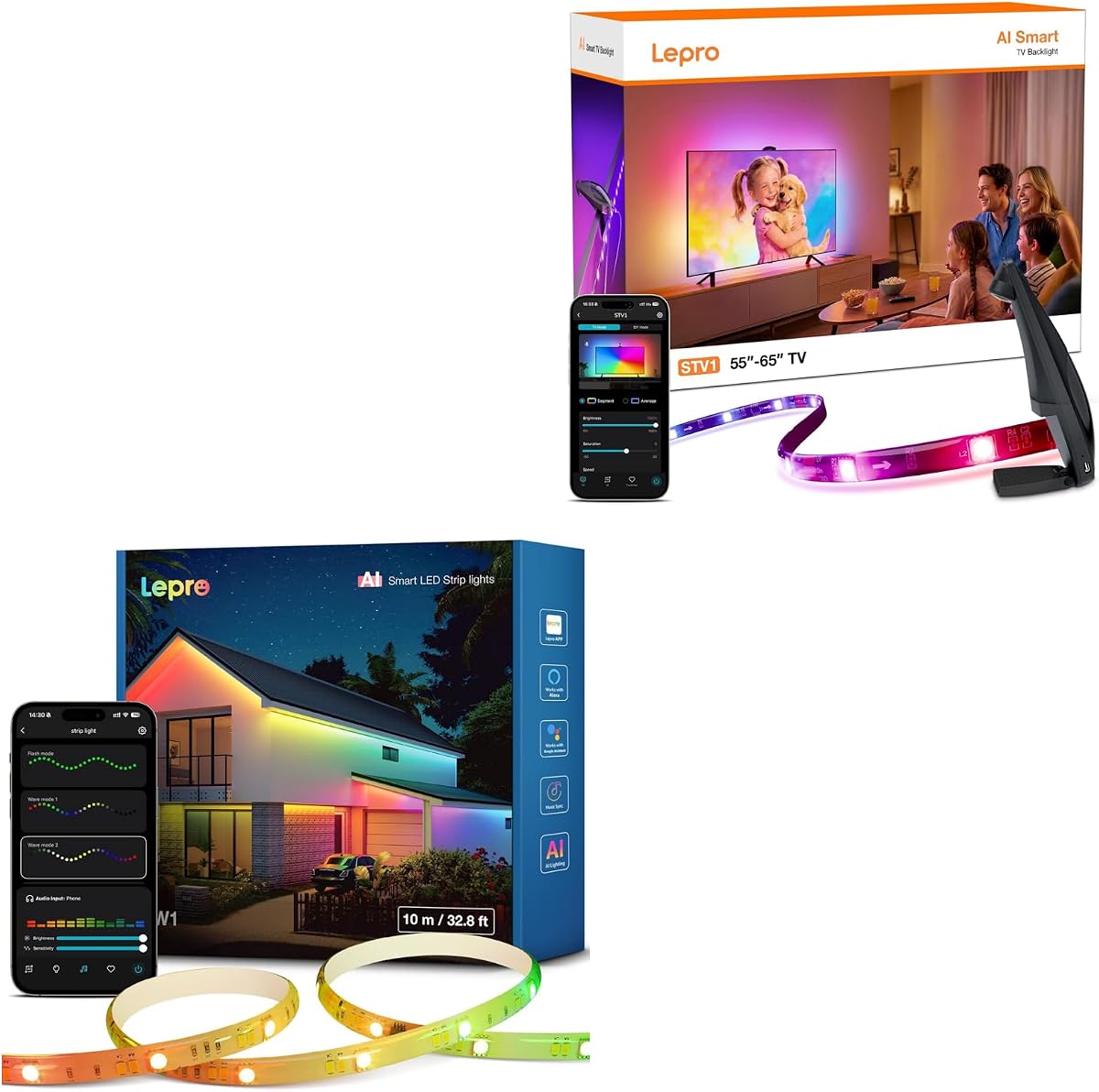 Paquete Lepro – 2 artículos: tira de luces LED inteligentes para exteriores SW1 AI IP65 impermeable de 49.2 pies y retroiluminación de TV STV1 de 16.4 pies con cámara ultra ancha para noches de cine en familia