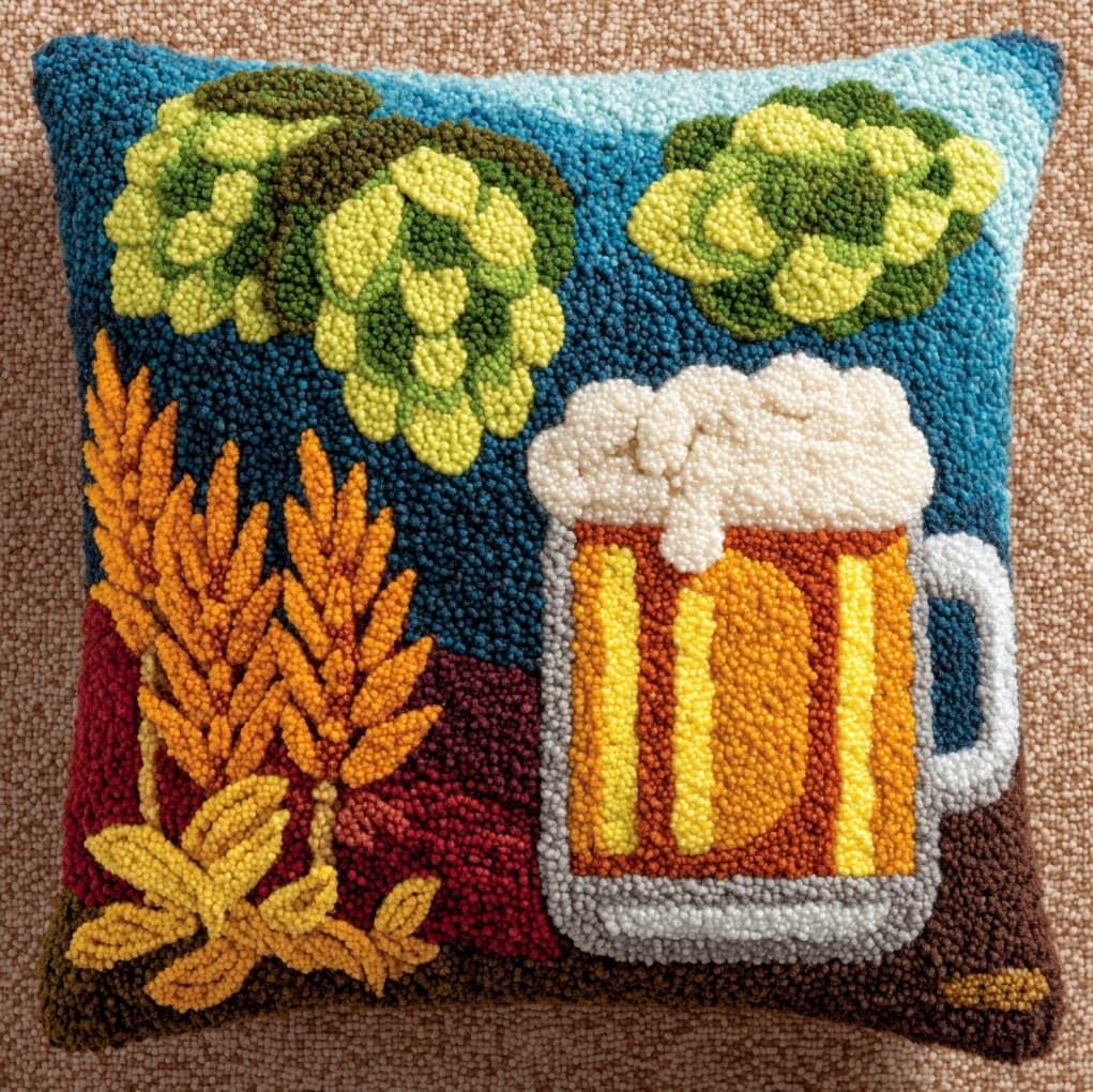 AxiangziK 43x43cm Latch Hook Pillow Craft Kit,Beer Mug and Leaves