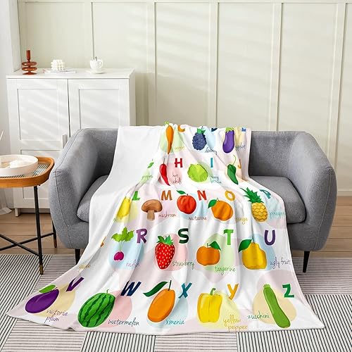 Feelyou Manta de felpa ABC para niños pequeños, 40 x 50 pulgadas, manta de franela con alfabeto ABC para niños, adolescentes, verduras y frutas para