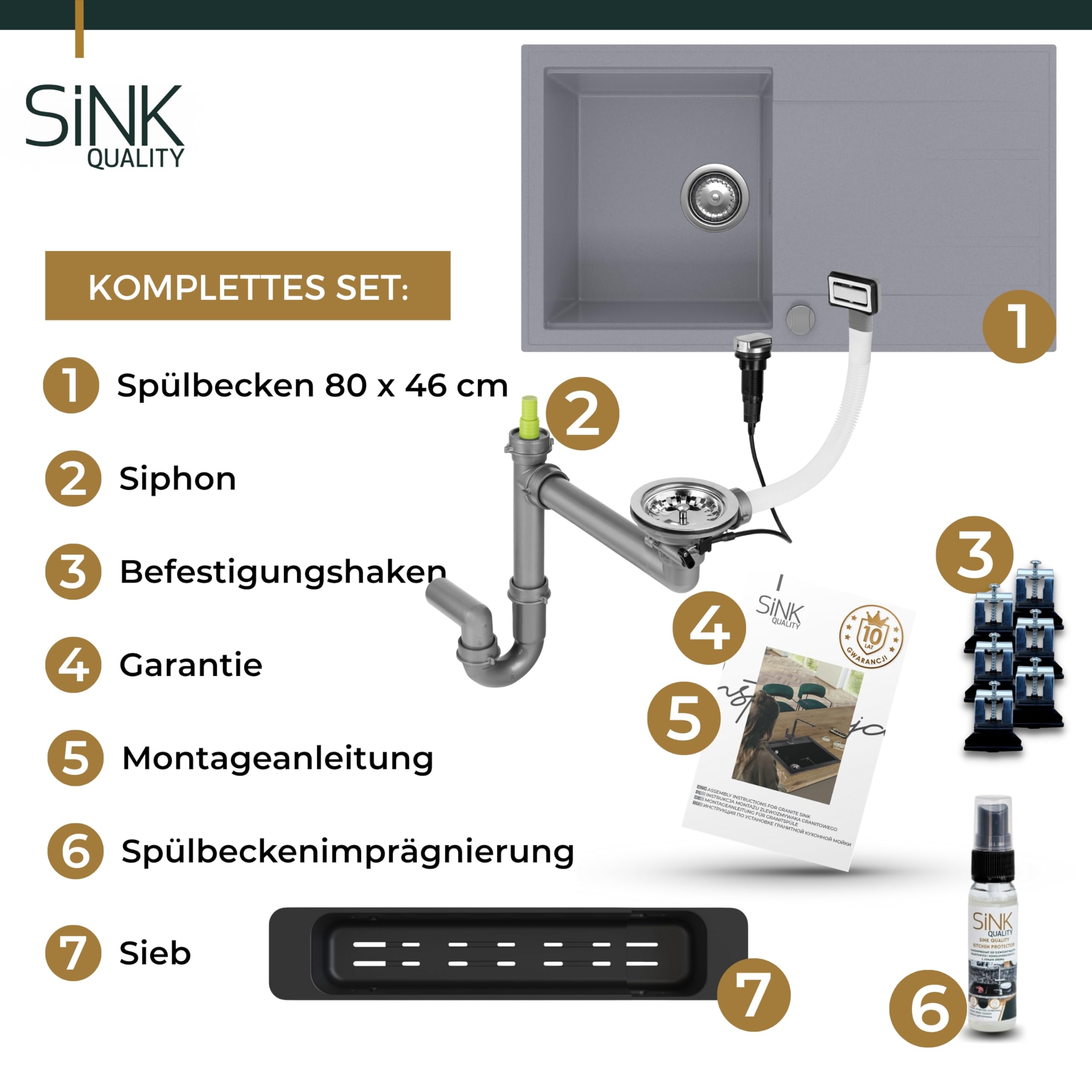 SINK Quality zlewozmywak kuchenny z ociekaczem – zlewozmywak szary 80 x 46 cm – w zestawie syfon i środki impregnujące – zlewozmywak do zabudowy do szafki pod umywalkę 55 – zlewozmywak granitowy szary