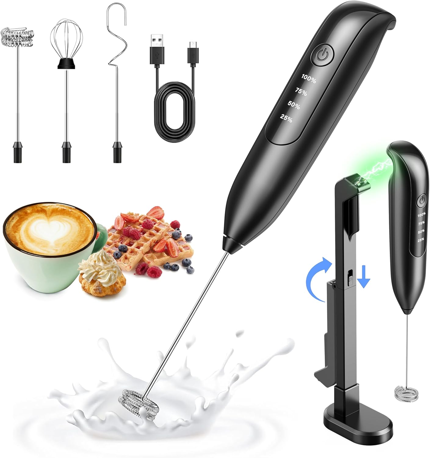 Electric Milk Frother Handheld: Rechargeable 3 Heads 3 Speeds Portable Stainless Steel Drink Foam Mixer with LED Digital Display for Milk Coffee, Lattes, Cappuccino, Matcha