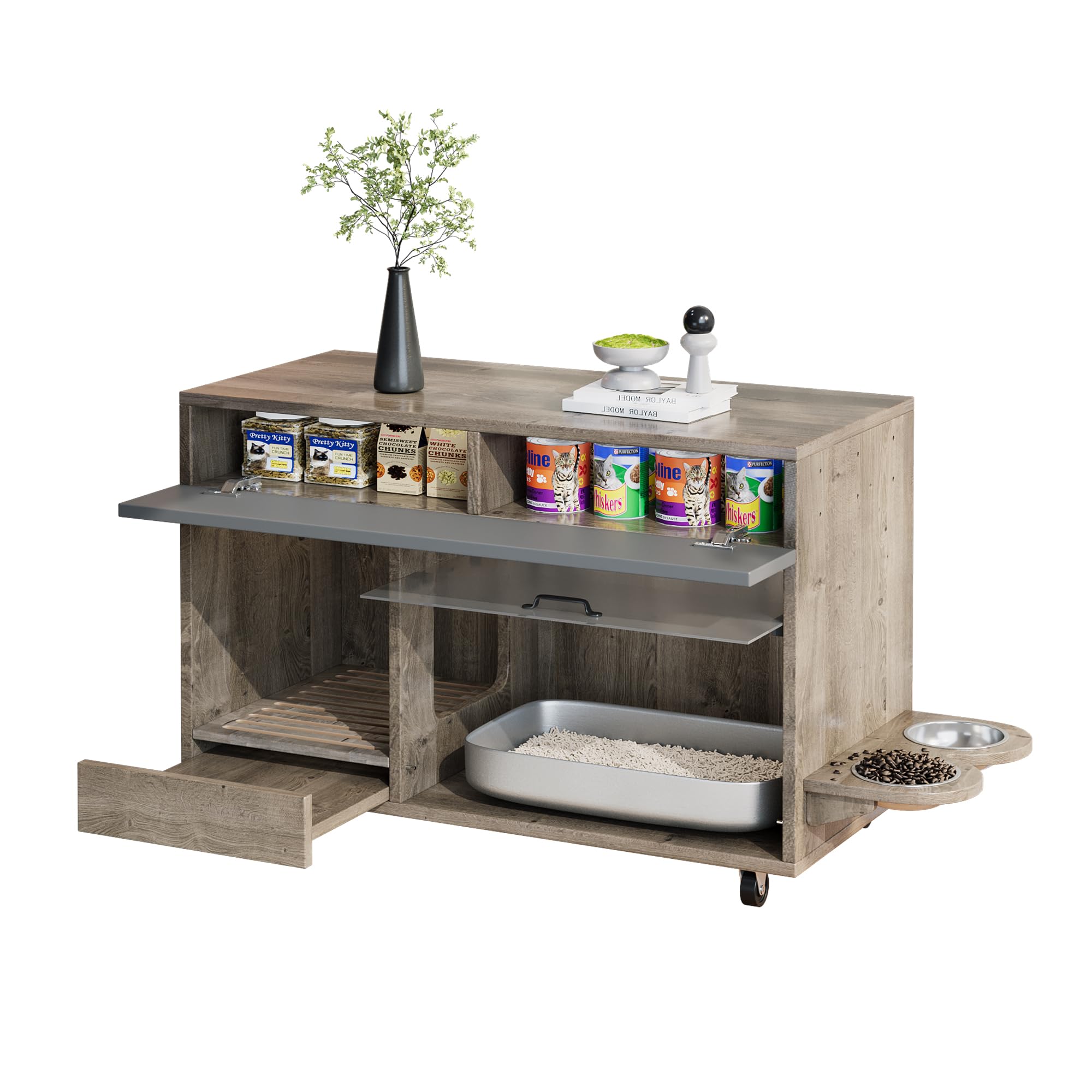 REXO Lettiera mobile per gatti con piatto per cibo per gatti, vassoio di raccolta della sabbia, piastra forata con gancio, senza lettiera per gatti, 100 × 45,5 × 67 cm, grigio antico e marrone, colore