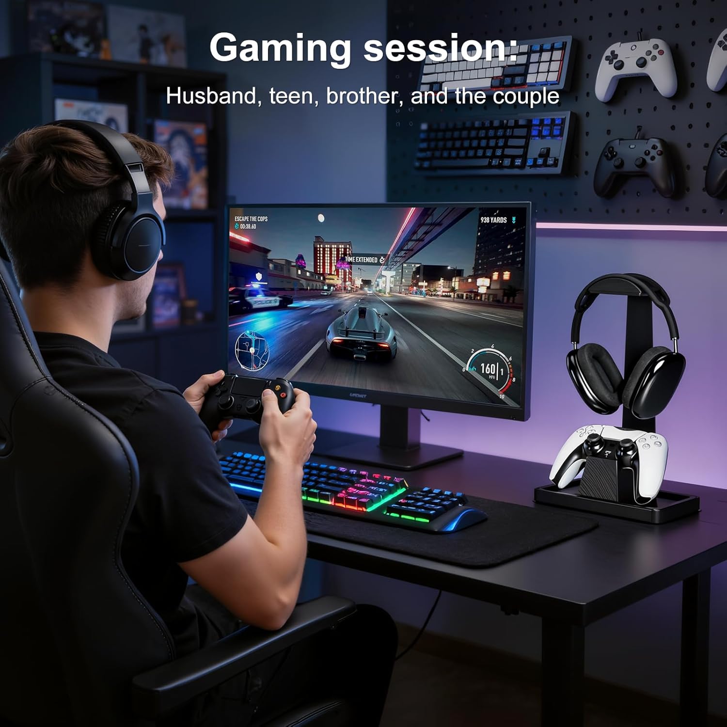 UPERGO Solid Wood Gaming Headset Stand with Controller Holder - Creative Gift for Teens, Boyfriends, Brothers, and Gamers - Desktop Organization and Decoration