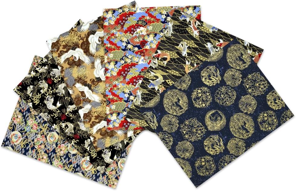 Japanese Fabric Squares 6 Pcs, 6 Different Black Wrapping Cloth Fish Floral Red Crowned Crane Patterned Fabric Bundles 19.6 x 15.8 Inch for Sewing Furoshiki Wrapping Artcraft DIY
