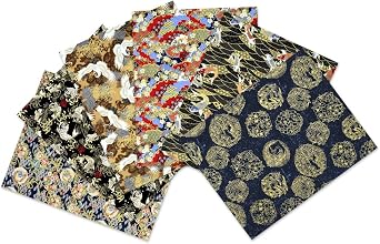 Japanese Fabric Squares 6 Pcs, 6 Different Black Wrapping Cloth Fish Floral Red Crowned Crane Patterned Fabric Bundles 19.6 x 15.8 Inch for Sewing Furoshiki Wrapping Artcraft DIY