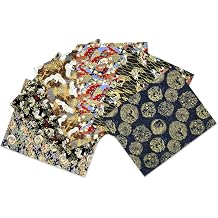 Japanese Fabric,Asian Fabric Squares 6 PCS,6 Different Black Japanese Cloth Fish Floral Red Crowned Crane Patterned Cotton Fabric Bundles 19.6 x 15.8 Inch For Sewing Furoshiki Wrapping Artcraft DIY