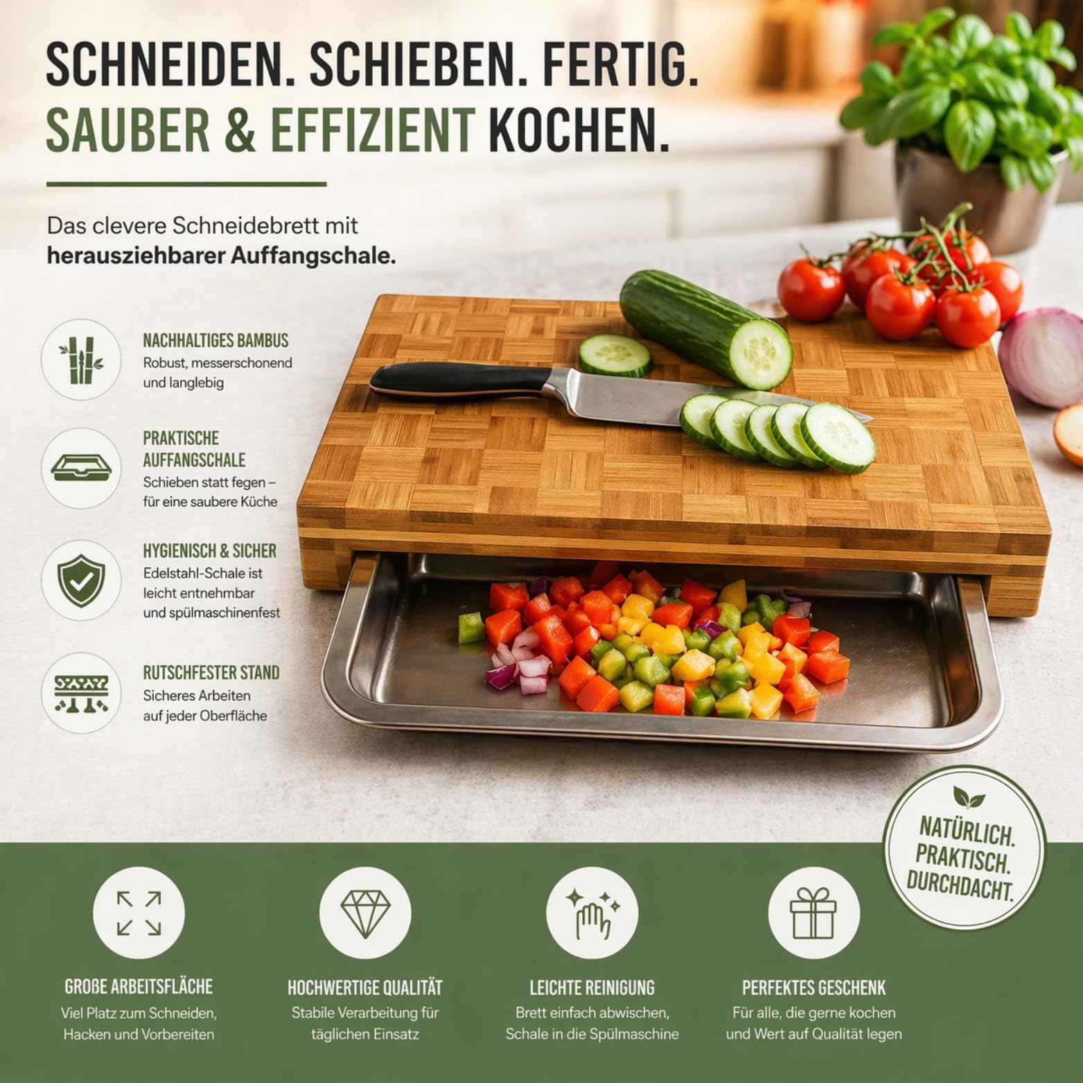 Schneidebrett Holz mit Auffangschale – Großes Premium Bambus Schneidbrett – Frankfurter Brett–(40x30x6cm) Holzbrett mit Auffangschale aus Edelstahl-Einweihungsgeschenk Haus/Wohnung