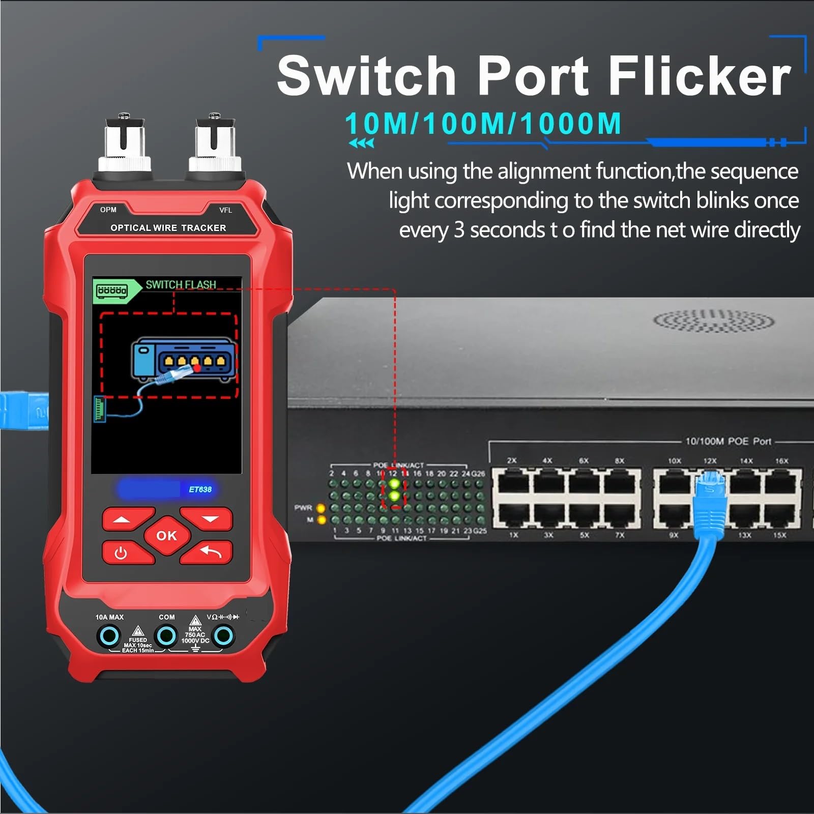 Tester per cavi di rete, Tester for cavi di rete ET636 ET638 Misuratore potenza in fibra ottica multifunzione 4 in 1 Localizzatore visivo guasti(ET638)
