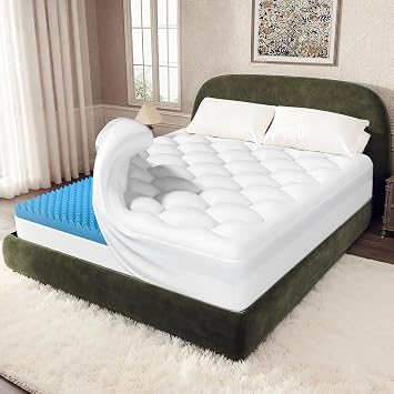OhGeni Cooling 5 lnch Queen Size Dual Layer Mattress Topper, 3 Inch Egg Crate Gel Memory Foam, 2 Inch Pillow Top Pad, Bedroom Essentials Mattresses Cover, Extra Comfortable Sleep and Back Pain Relief