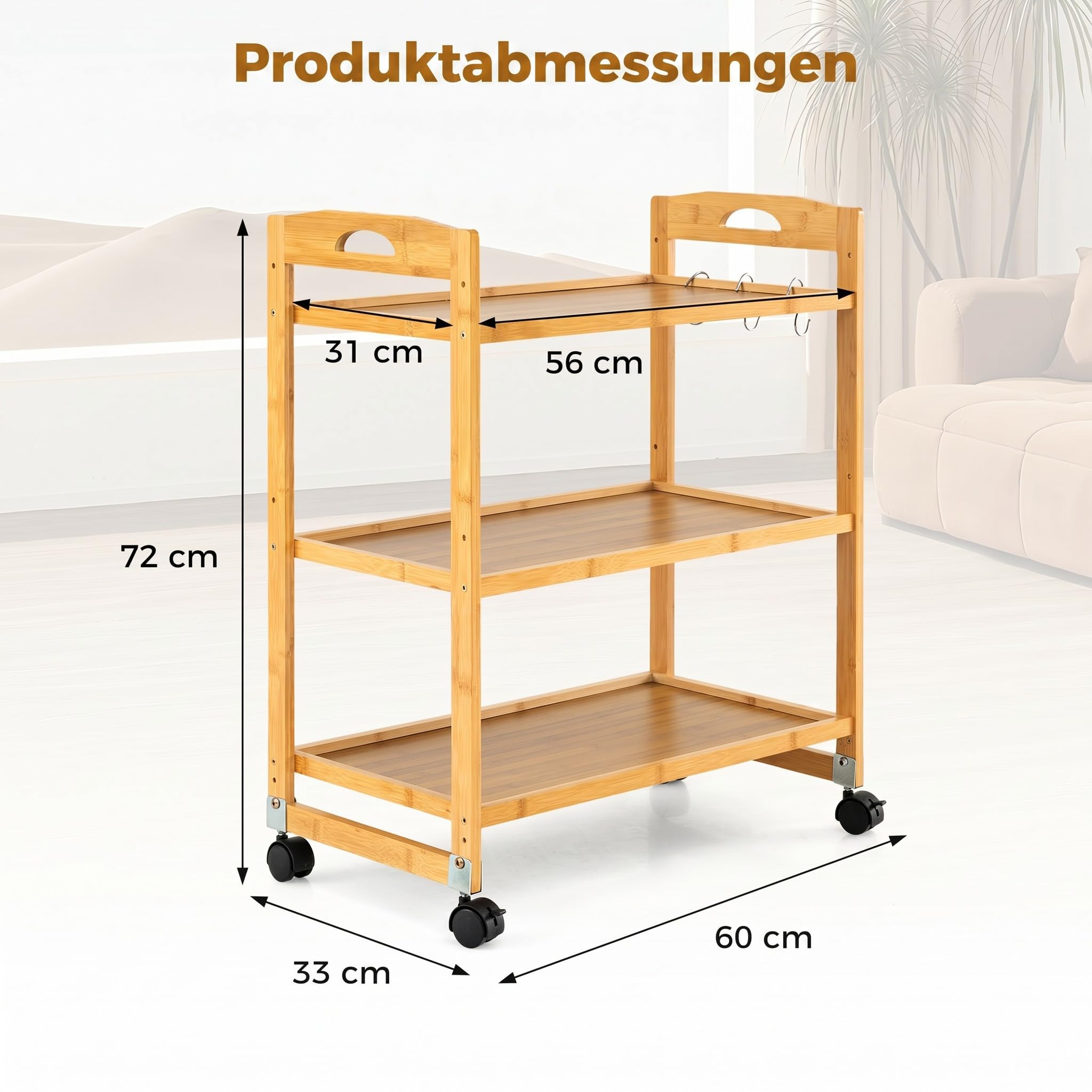 COSTWAY Servierwagen Bambus, Küchenwagen mit Rollen, Natur, 60 x 33 x 72 cm