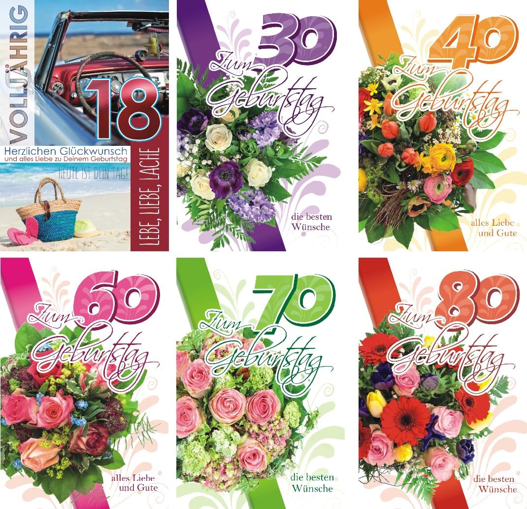 100 Glückwunschkarten zum Geburtstag 52-7500 mit Zahlen zum 18. 30. 40. 60. 70. und 80. Geburtstag Geburtstagskarte Grußkarte