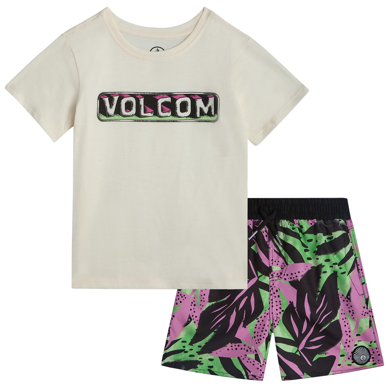 Volcom Baby Boys Swim Set - 2 Piece Short Sleeve Swim Shirt Graphic Tees & Board Shorts - Infant Toddler Little Boys Swimsuit