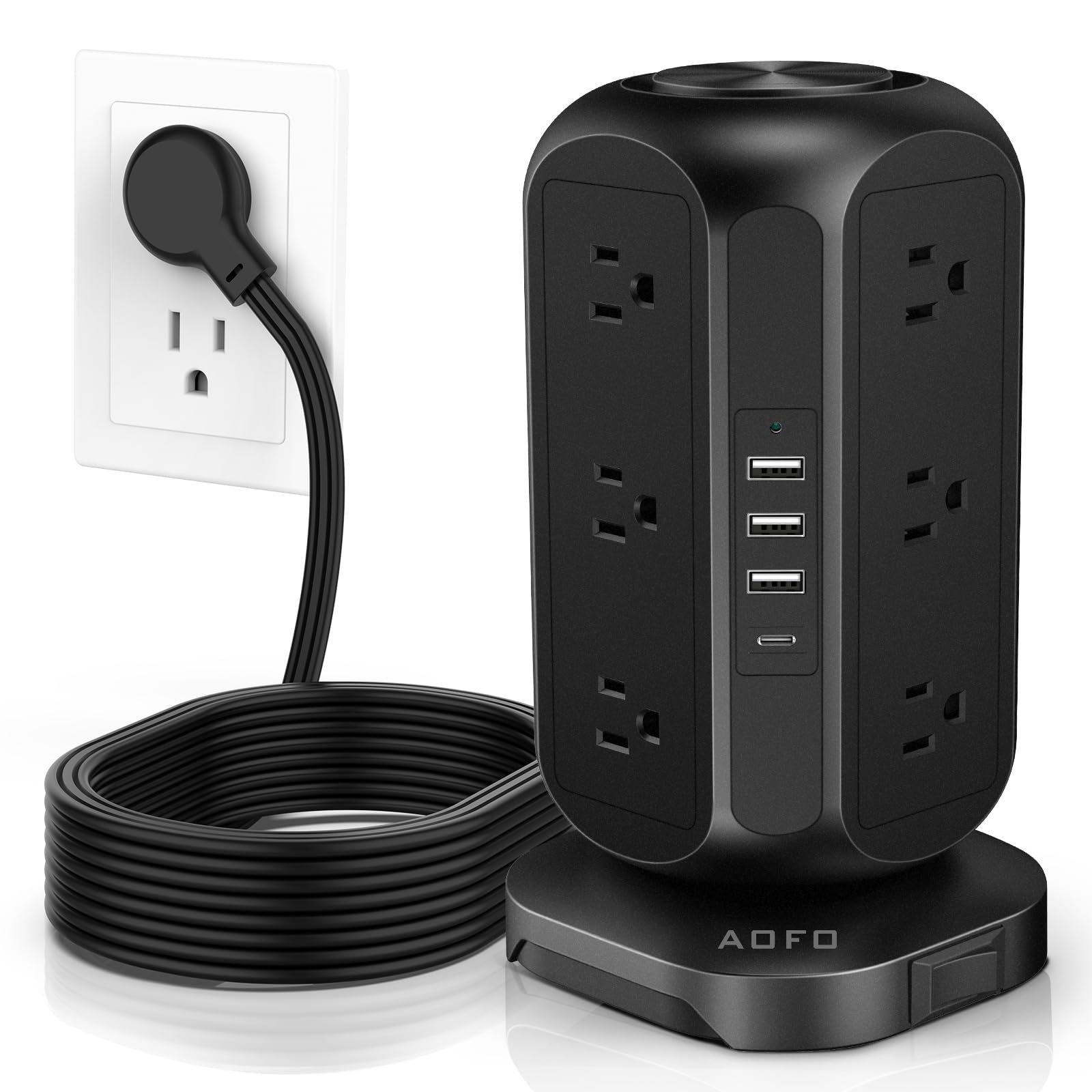 Power Strip Tower AOFO Surge Protector 12 AC Outlets with 4 USB(1 USB C) Ports Charging Station with Overload Protection, Widely Spaced Multiple