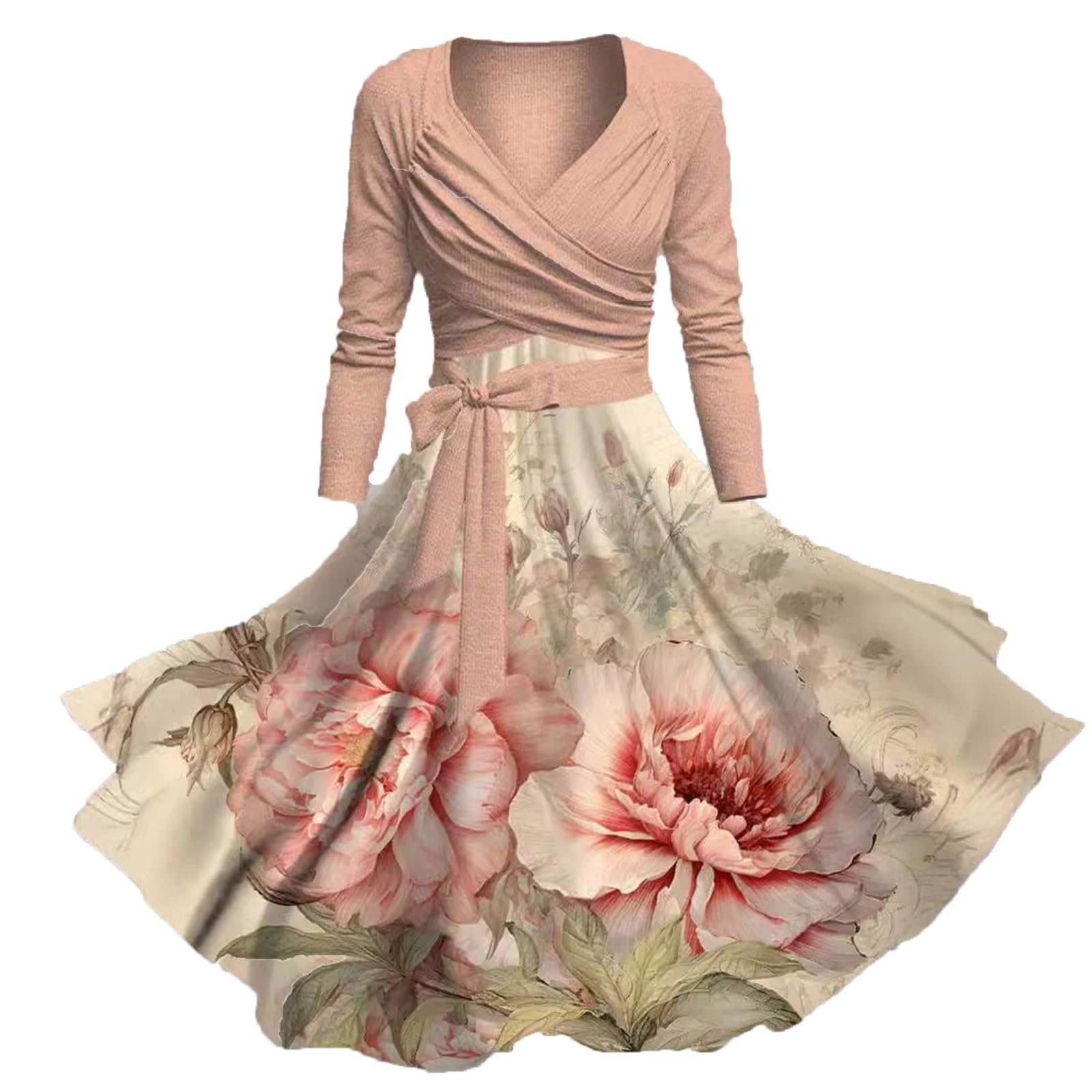 Abito da donna Autunno e Inverno Stampa Floreale Floreale Manica Lunga Bretella Abito Largo Plus Size Abiti per Lavoro