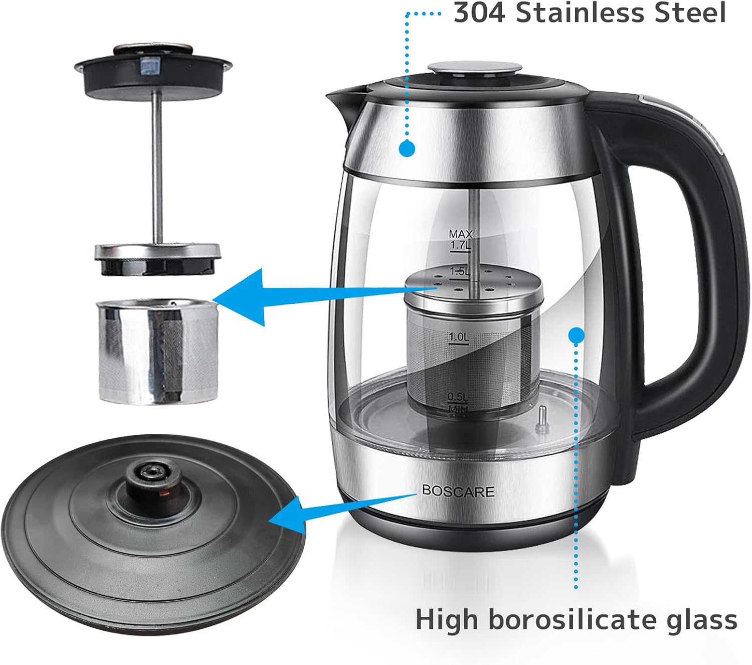 Wonder Comfort 1.7L Electric Glass Kettle, Hot Water Boiler with 1500W Fast Boiling,5 Presets LED Indicator Lights, Removable Tea Infuser, Auto Shut-off
