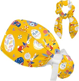 FVQL 2 Pieces Surgical Cap for Long Hair Scrub Cap with Hairband Nurse Cap, Easter Eggs and Rabbit Cartoon