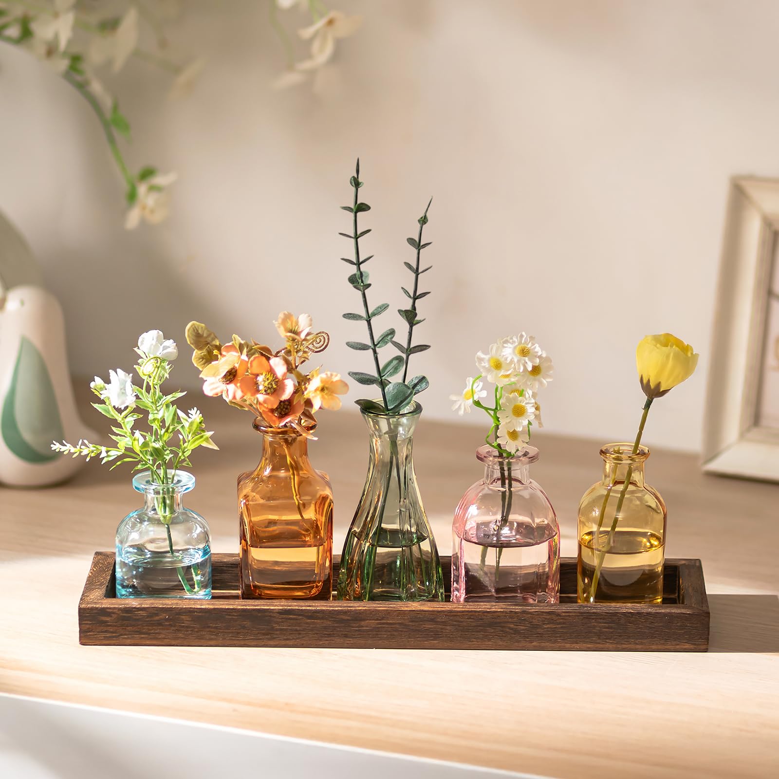 Glasseam Small Vases for Table Decoration: 5 Coloured Mini Bud Vase with Wooden Tray for Home Living Room Dining Table Centrepiece Decor - Glass Flower Vases Set for Birthday