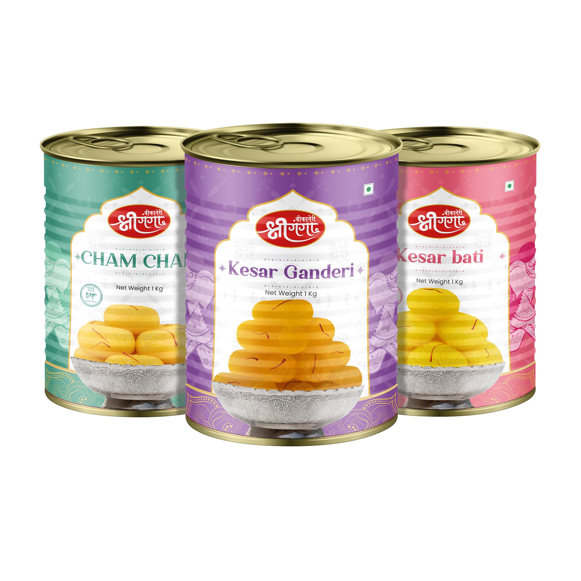 Bikaneri Shree Ganga Kesar Bati 1Kg, Kesar Ganderi 1Kg & Cham Cham 1Kg Combo - Treat Yourself to a Trio of Exquisite Indian Sweets, Perfect for Gifting and Celebrations! A Delight for Every Occasion