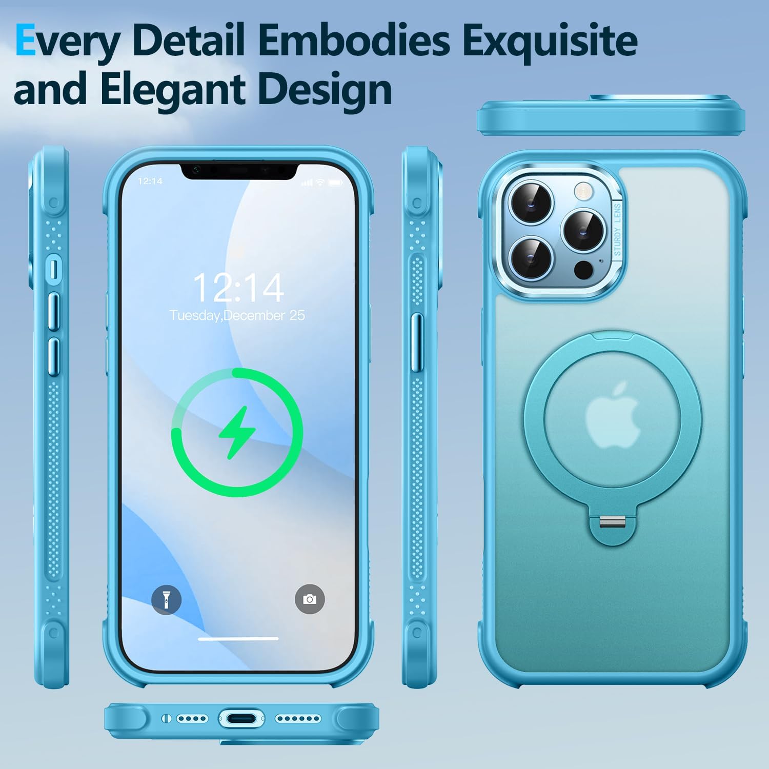 O3 Mag-Stand Designed for iPhone 12 Pro Max Case with 360° Spin Stand, [Compatible with mag Safe][Super Skin Feeling] Translucent Matte Magnetic Slim Phone Case 6.7 inch, Matte Lake Blue - Image 6