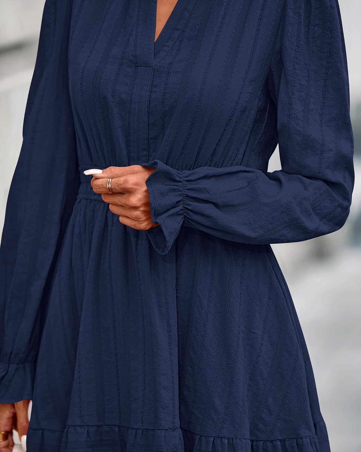 BTFBM Mini Dresses for Women 2026 Casual Lightweight Long Sleeve V Neck A Line Elastic Waist Party Holiday Dress - Image 6