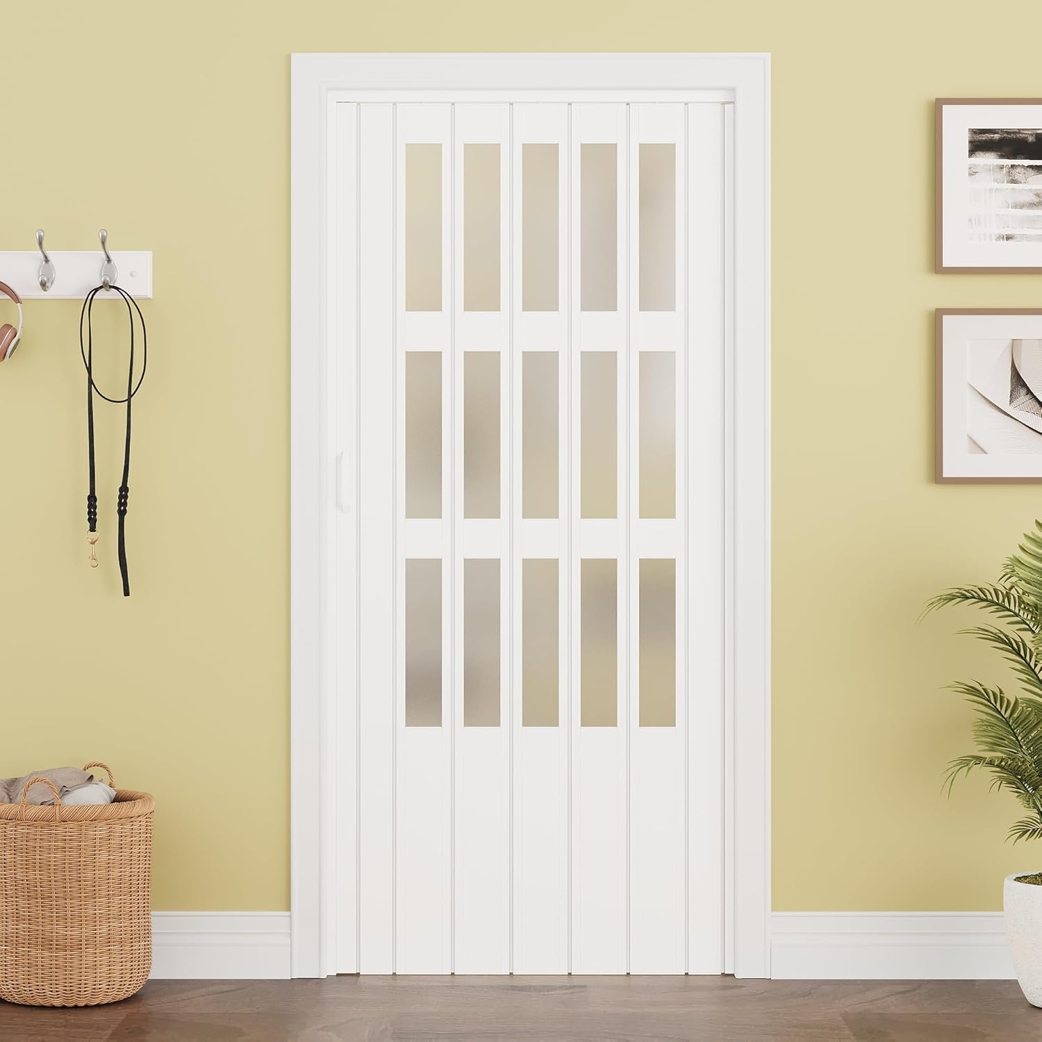 36" x 80" Enhanced Accordion Doors Interior with 3 Frosted Acrylic Panel, Accordion Door for Doorway Hardware Kit Included, PVC Interior Folding Doors with 2 Handles for Closet Bathroom Doorways
