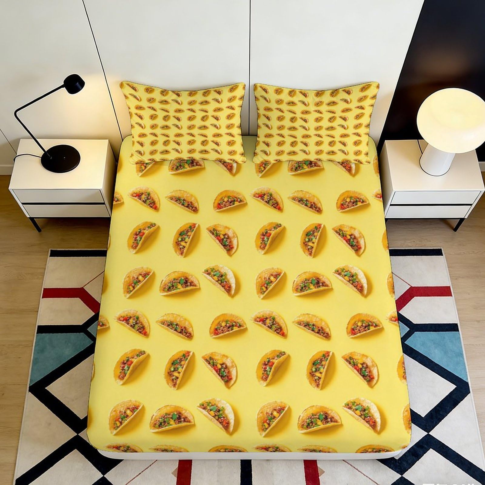 Jxqhbvmg Style-6 3D Printed Taco Pattern Fitted Sheet Microfiber Deep Pocket Non-Slip Bedroom Bedding Taco Mattress Fitted Cover For Adults Teens 90X200x25cm