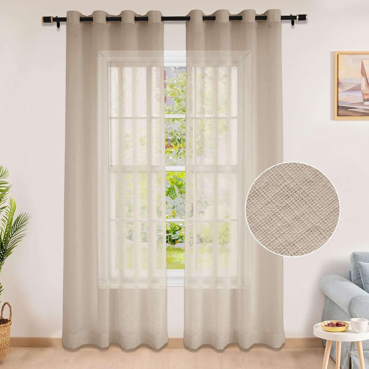 Fcosie Semi Sheer Linen Curtains Flax Texture W70 x L54 (1 Panel) / Tapioca Linen Look Grommet Drapes/Transparent Burlap Linen Textured Light Filtering Curtains Window Treatments for Dining Room