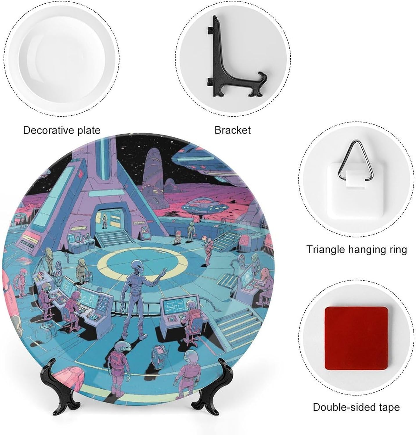 Alien Base Ceramic Plate 10inch Decorative Bone China Wall Hanging Ornament Plates Bohemian Style Dinner Plate with Display Stand Cabinet Display Plates for Home Art Decor