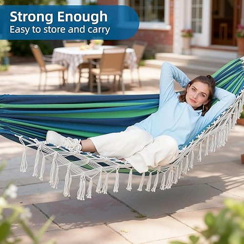 Miniatura 6 de Hamaca doble portátil para acampar para colgar en el jardín, hamaca de tela cómoda con bolsa de viaje para acampar al aire libre, interior, patio,