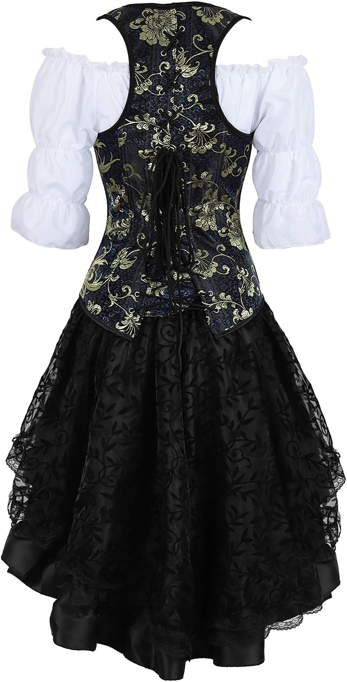 Grebrafan Steampunk Corsets Bustiers Skirt Blouse Set 3 piece Strap Corset Outfits for Women