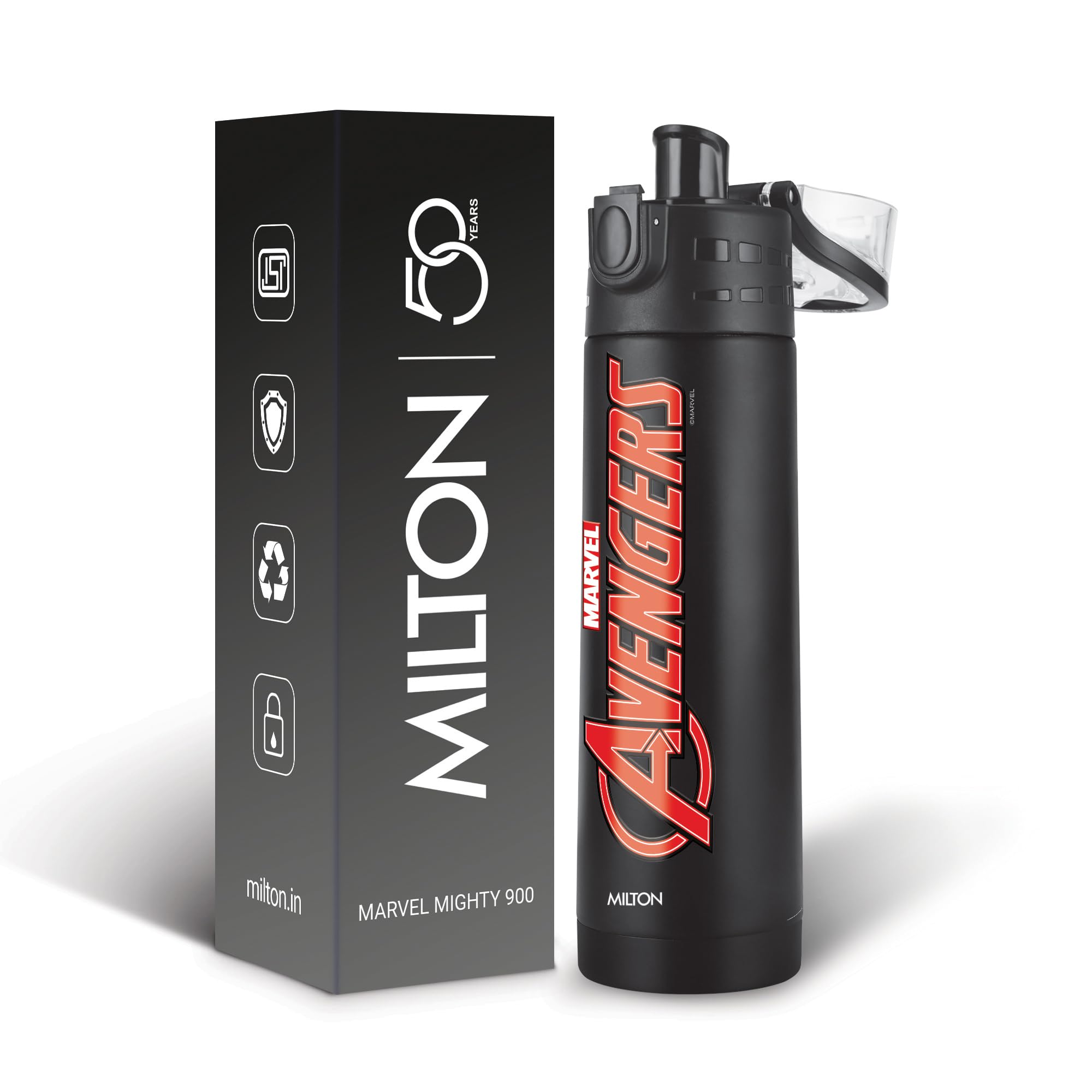 Milton Marvel Mighty 900 Thermosteel ISI Certified Water Bottle, 750 ml Stainless Steel,Long Hours Hot and Cold, Leak Proof, Vacuum Insulation, for Office, School, Gym, Black Avengers
