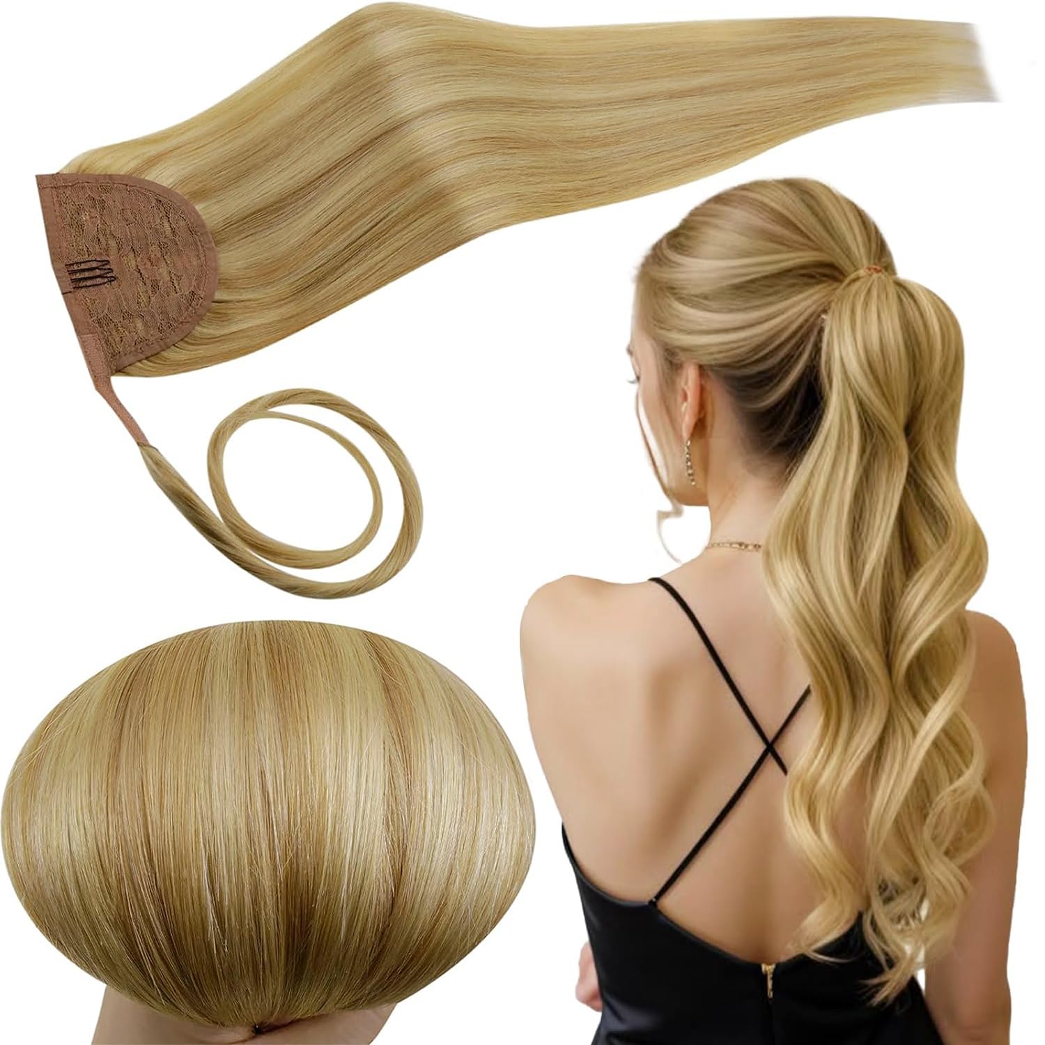 RUNATURE Human Hair Ponytail Straight, Ponytail Extension Human Hair, Real Hair Ponytail Extension Blonde, Remy Natural Hair Add Volume, 14 Inch 70g