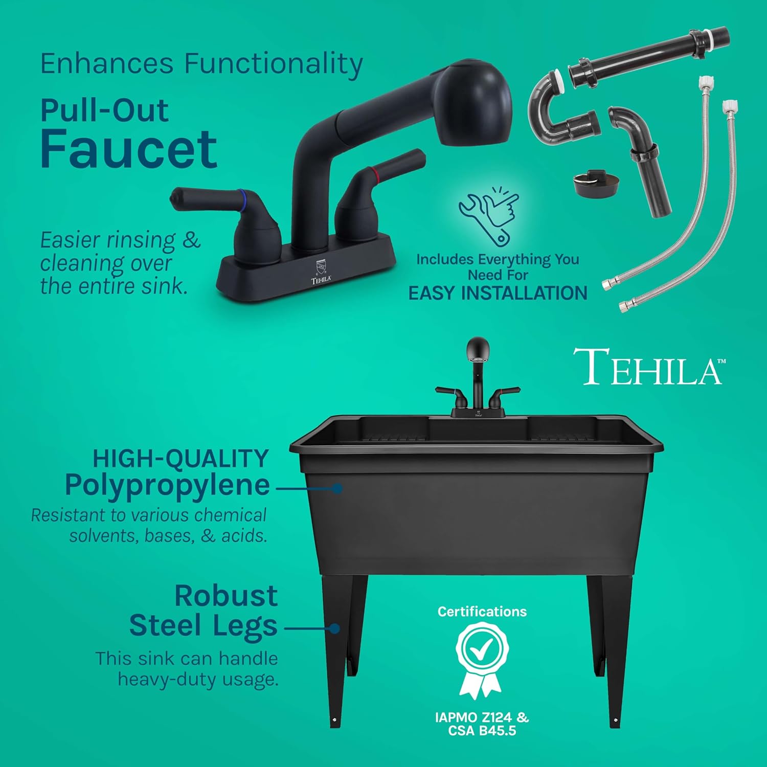 Tehila Freestanding Double-Wide Utility Sink with Steel Legs & Black Pull-Out Faucet, Multi-Purpose Heavy-Duty Laundry Tub and Kitchen Sink for Homes & Business, Black