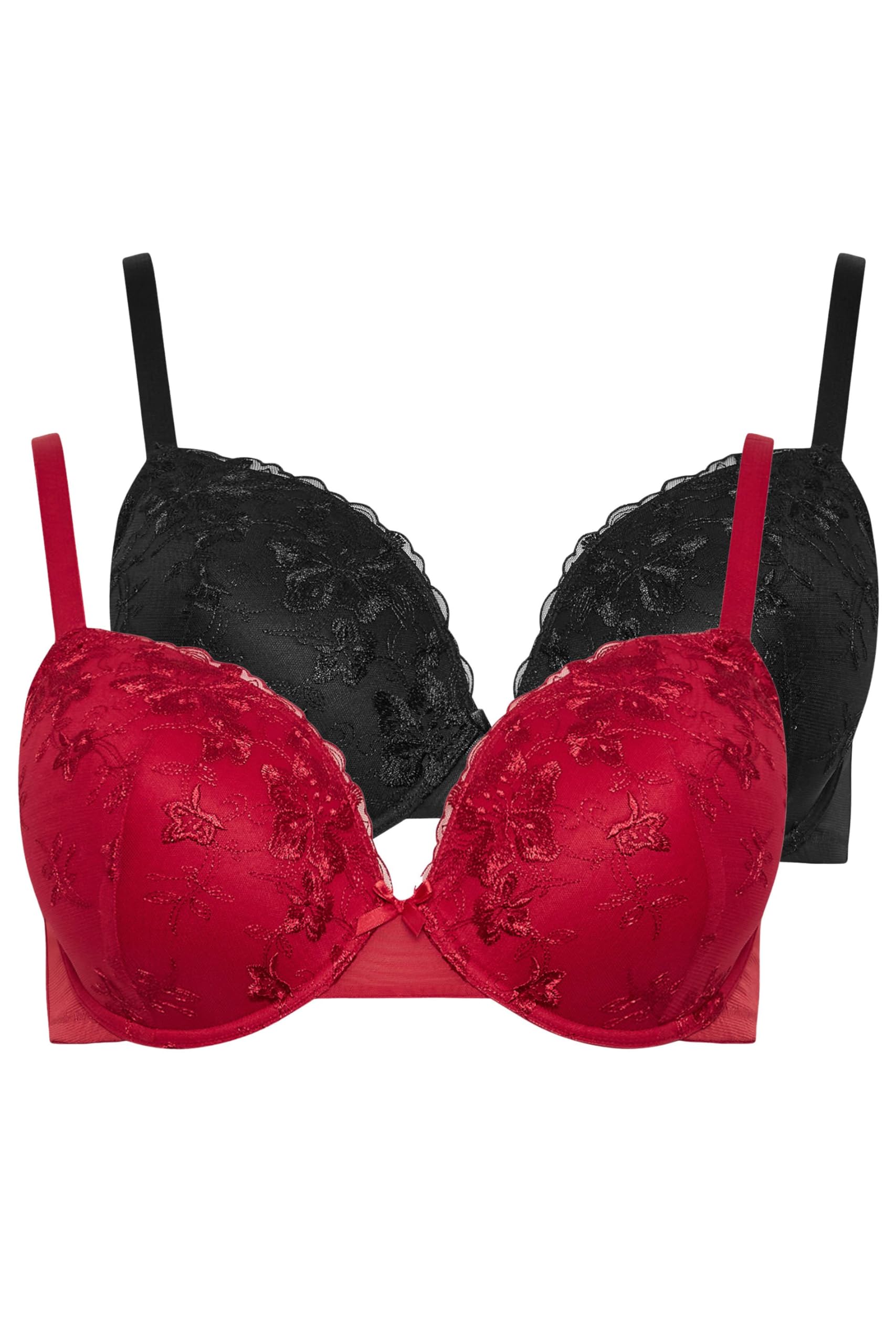 Yours 2 Pack Floral Embroidered Padded Bras - Red - 44D