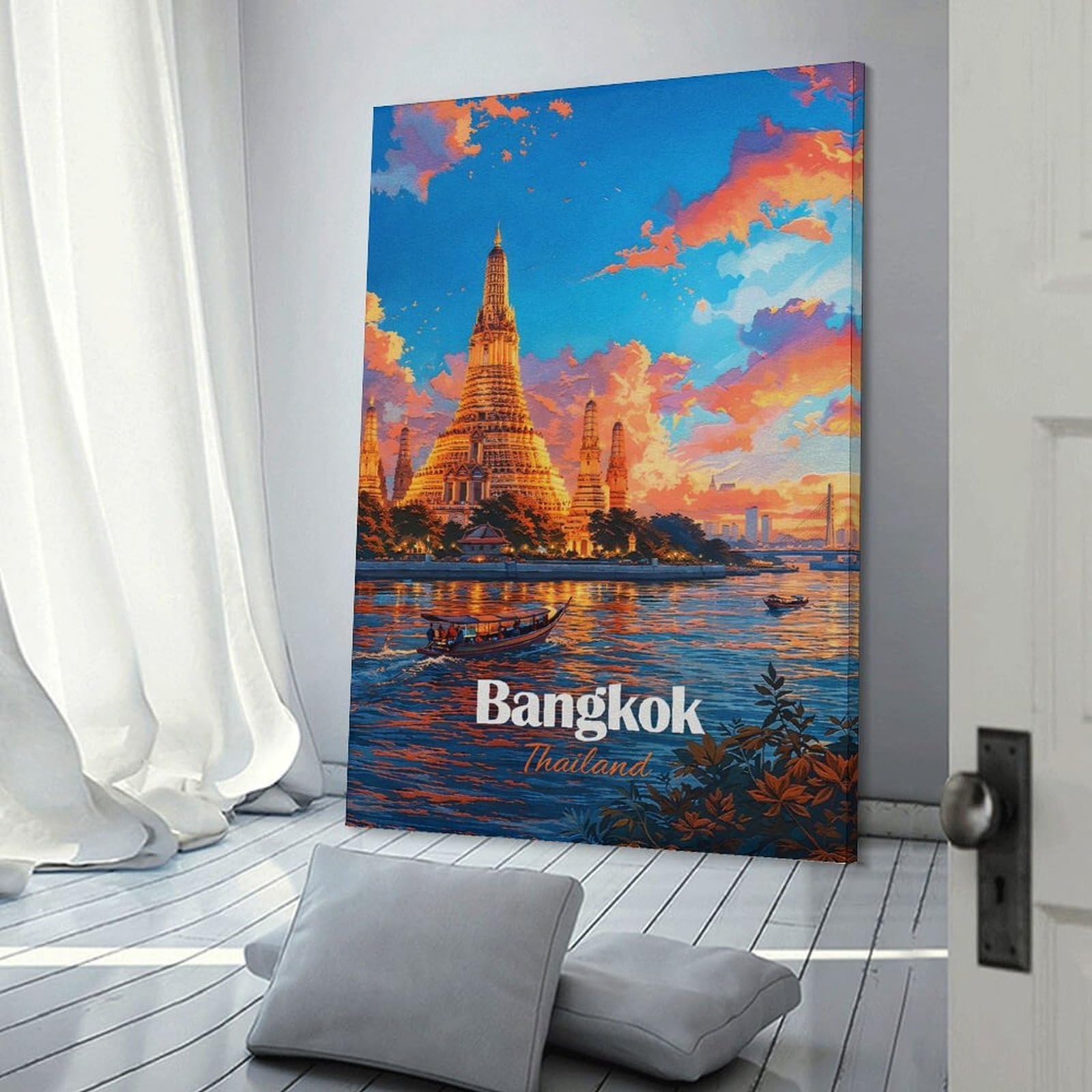 Junmoney Frame-Style-1 Bangkok Thailand Wat Arun Sunset(2) Wall Picture Print, 16X24inch(40X60cm), For Lounge, Study, Hallway Or Flat Walls, Canvas Wall Art That Fits Changing Layouts