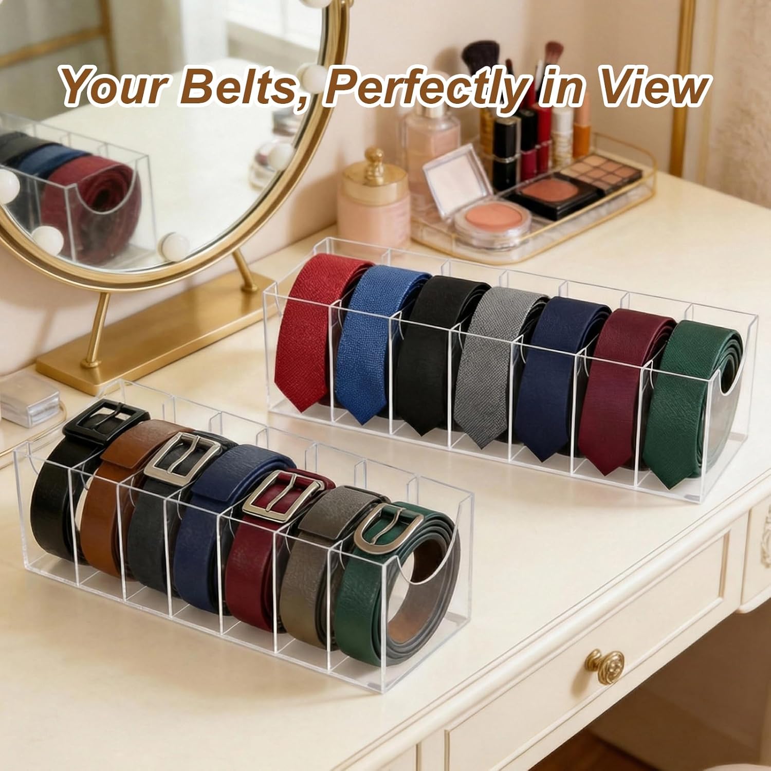 7 Compartments Belt Organizer with Lid Acrylic Belt Storage Holder for Closet Drawer with, Belt Holder Organizer Closet Holder, Clear Belts Display Case for Watch, Jewelry, Socks