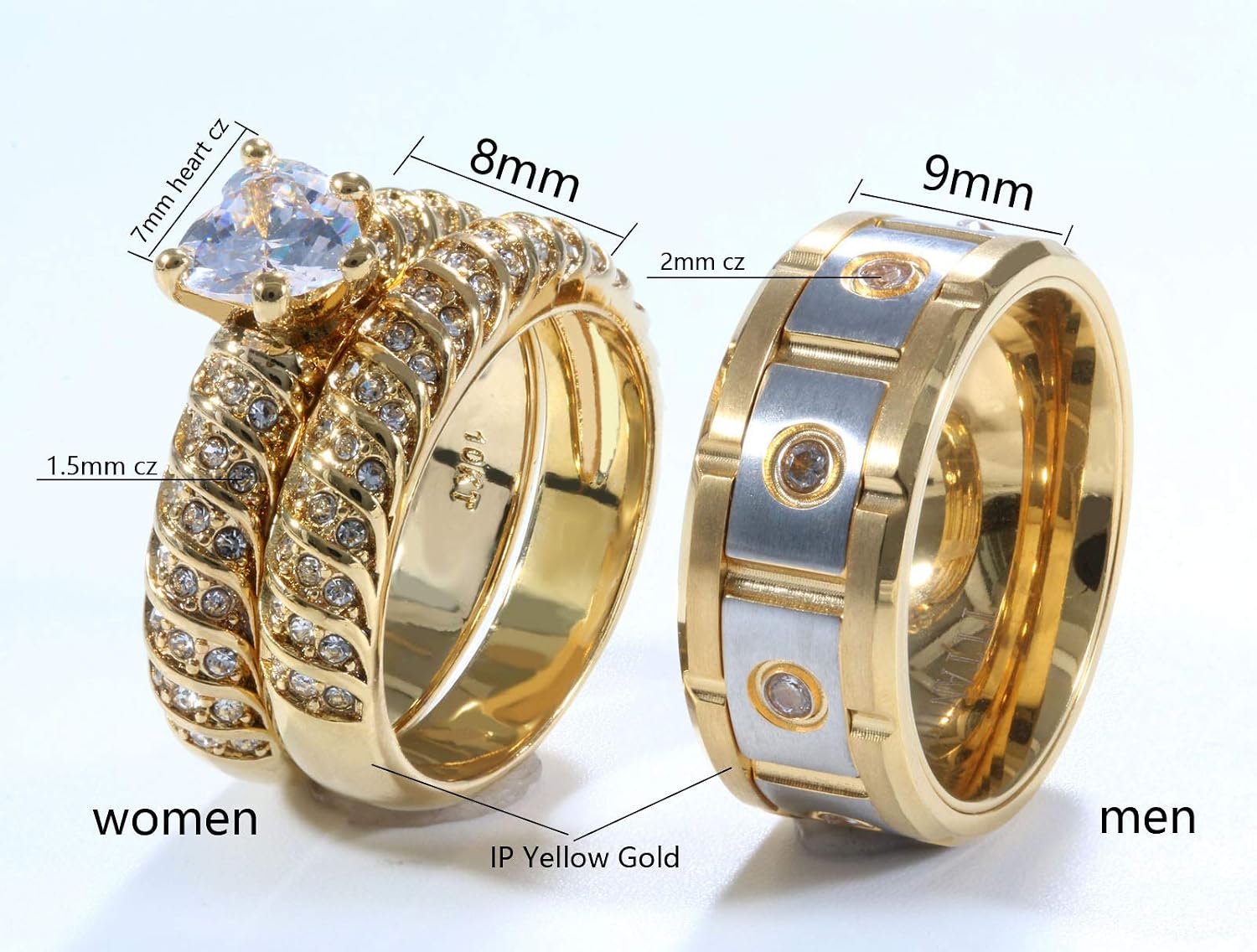 2 Rings Couple Rings Bridal Sets Yellow Gold Plated Heart Cz Womens Wedding Ring Sets Titanium Steel Man Wedding Bands